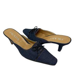 Prada WORLD 2002 Runway Blue Denim Bow Mules - Size 7